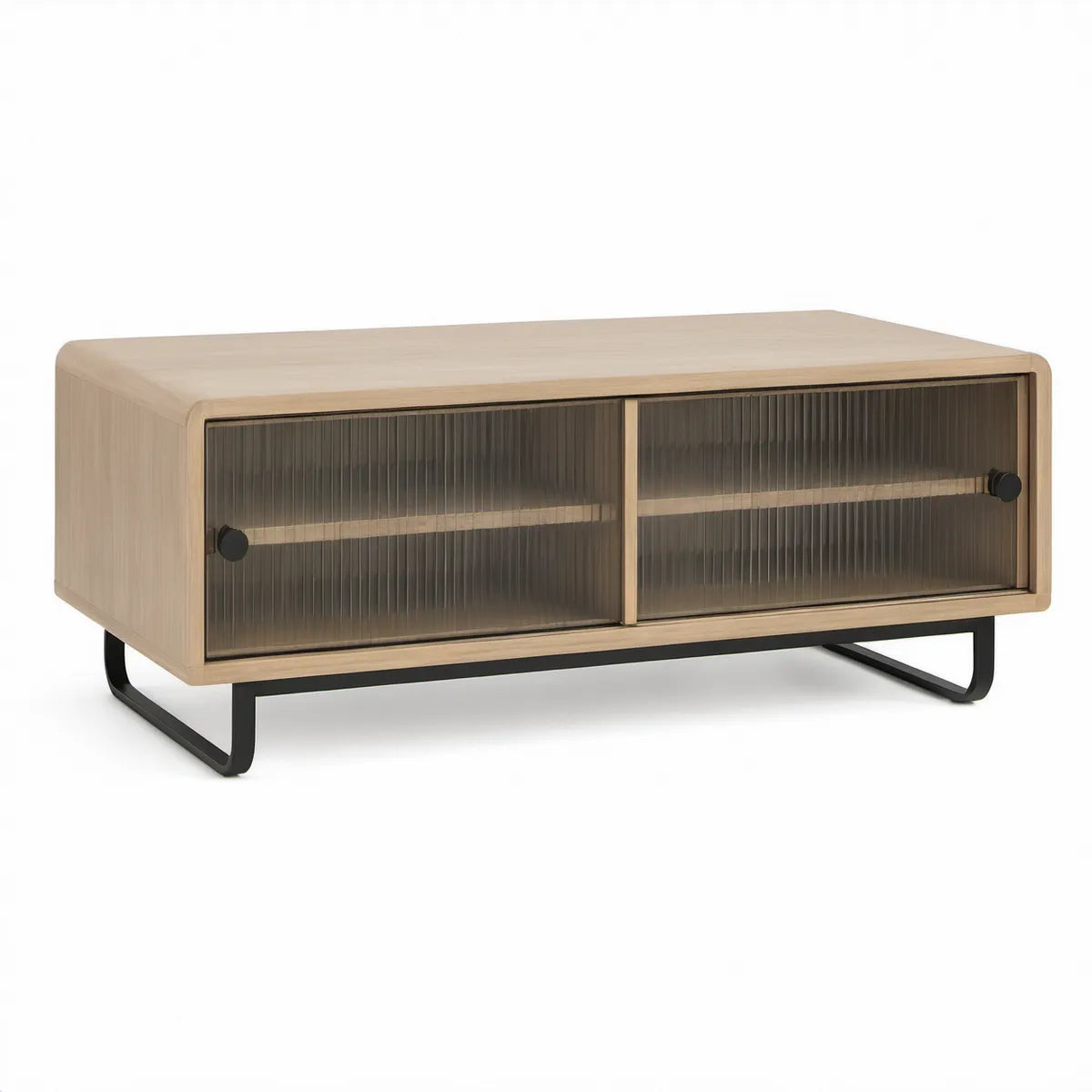 Couchtisch mit Stauraum, 110 x 60 x 45 cm, Eichenfurnier, Rauchglas und Stahlgestell, Natur/Schwarz