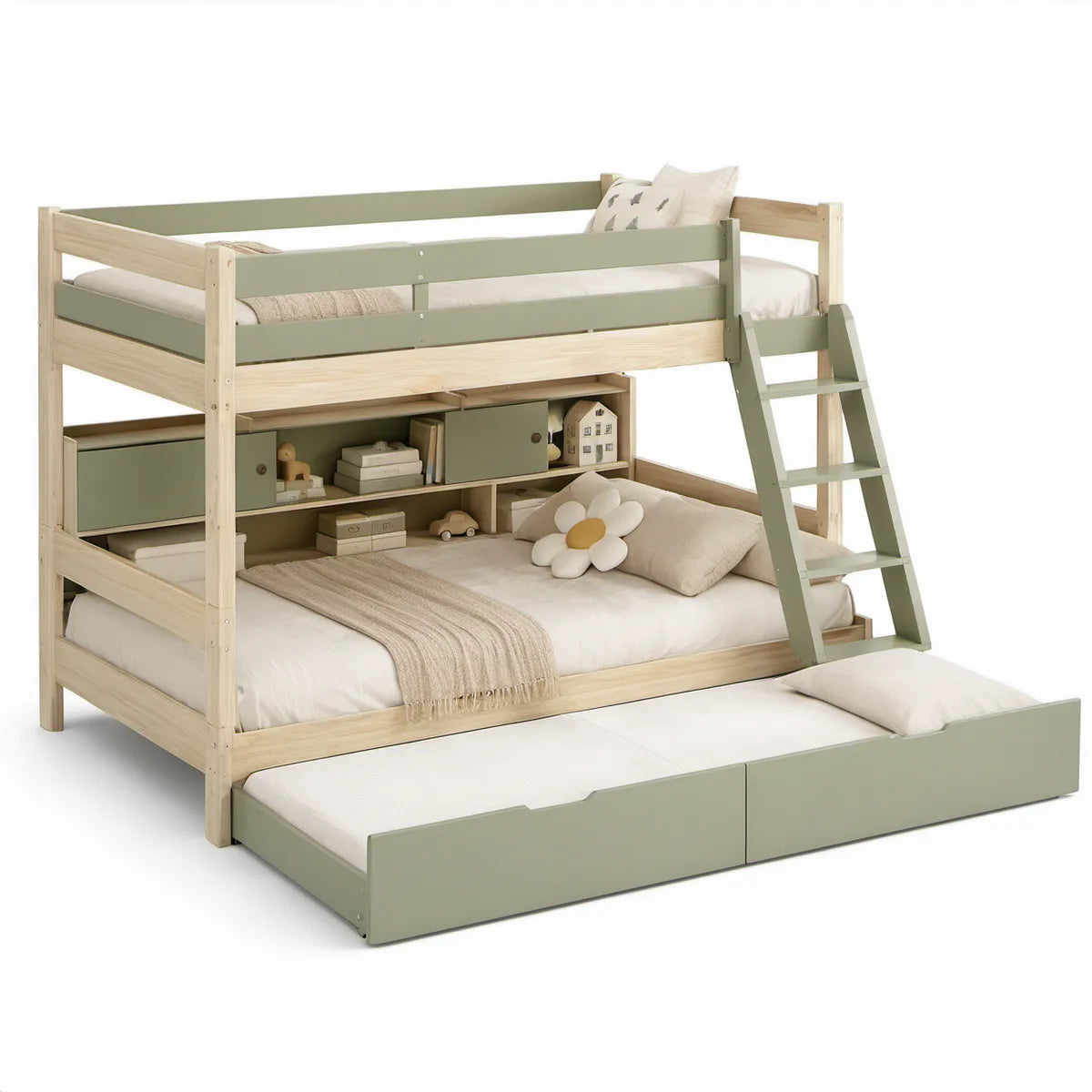 Kinder-Etagenbett mit Ausziehbett, Regal und 3 Liegeflächen 90 x 200 cm, Natur/Salbeigrün, 207 x 102 x 170 cm