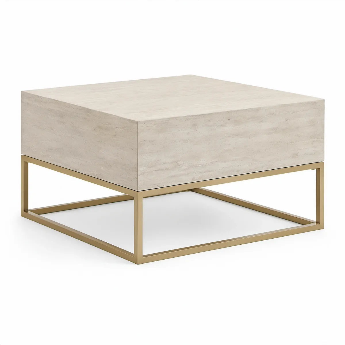 Quadratischer Couchtisch 90 x 90 x 40 cm in Travertinoptik Beige mit Stahlgestell Gold