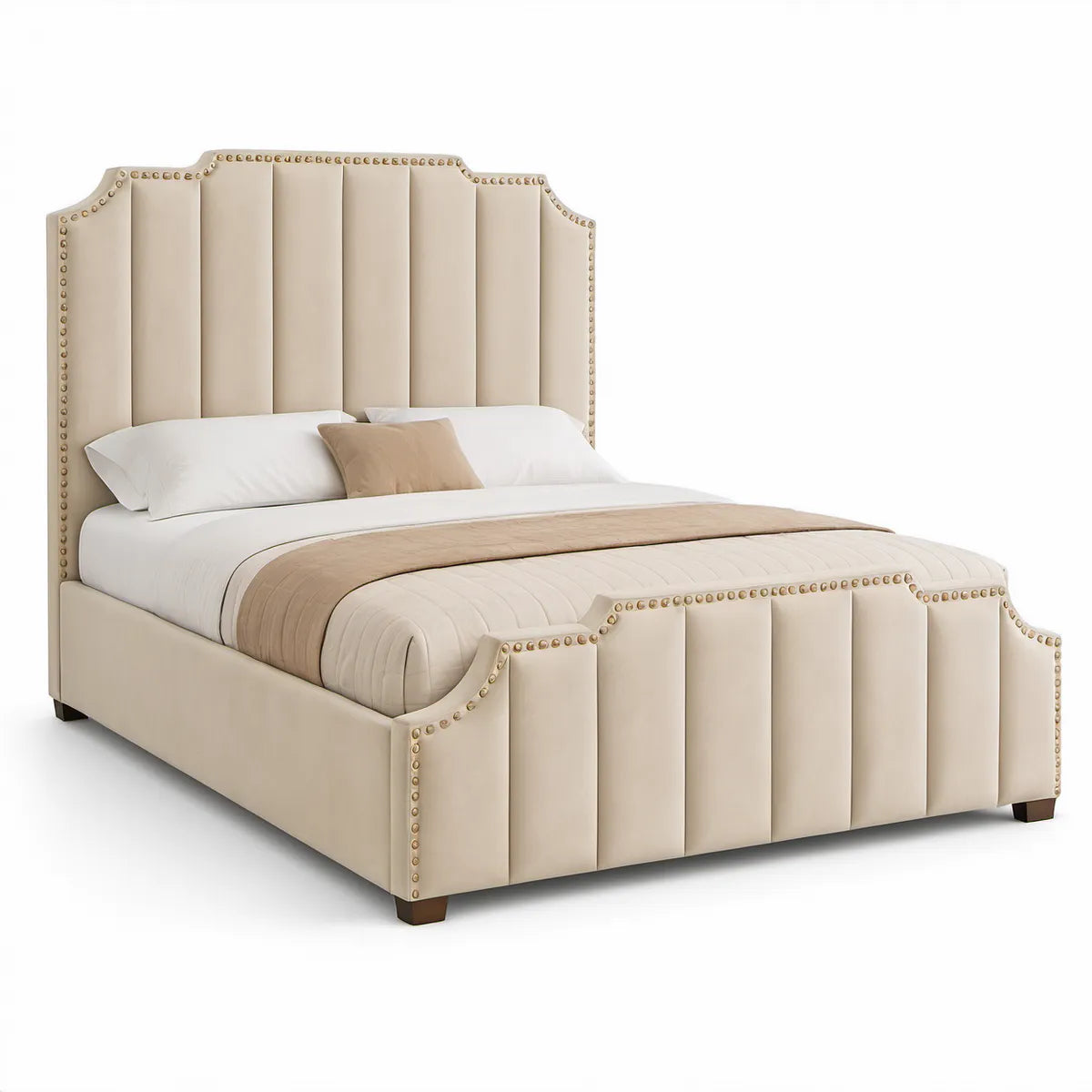 Polsterbett 160 x 200 cm mit hohem Kopfteil aus Kunstleder, Beige