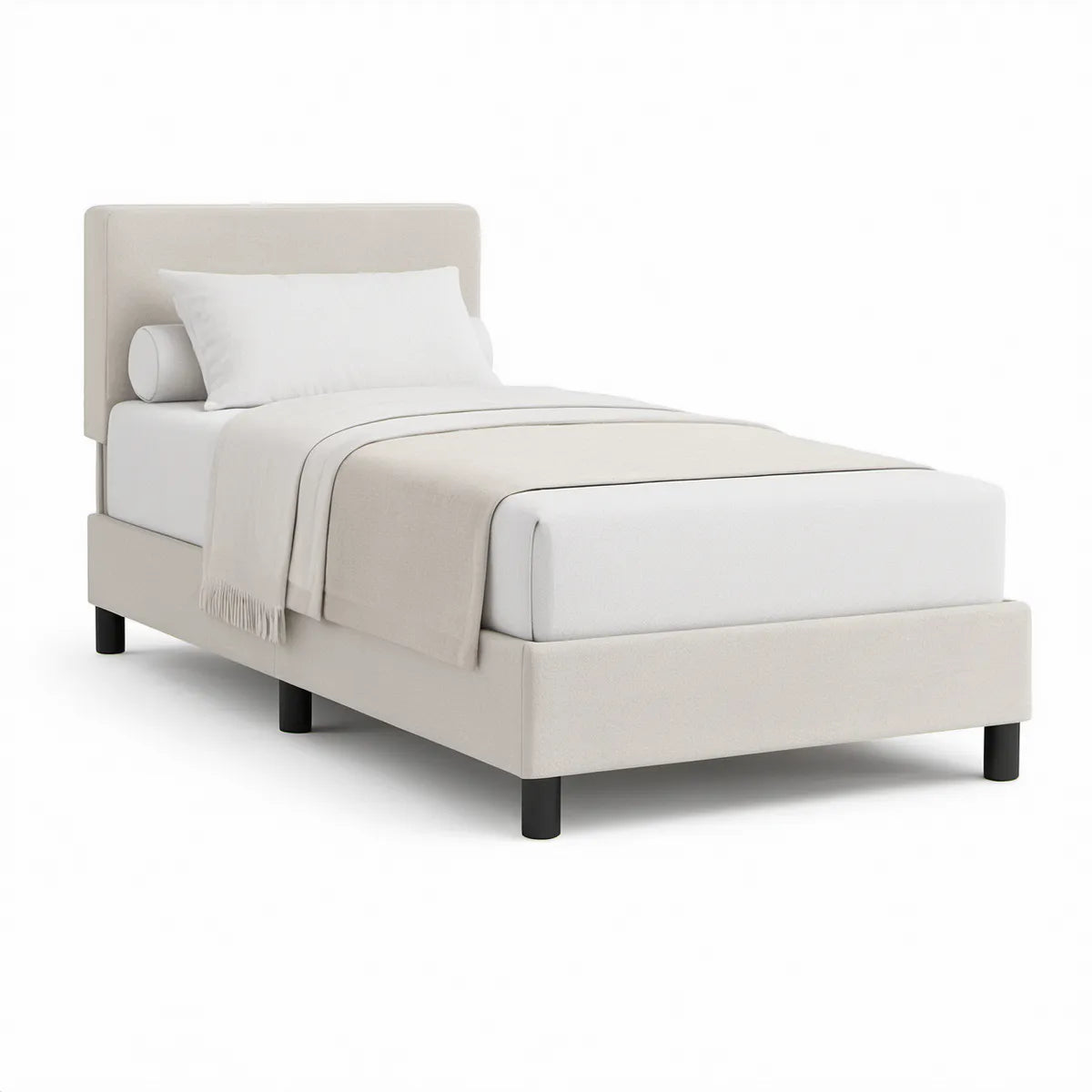 Gepolstertes Einzelbett 90 x 200 cm mit Kopfteil, Creme