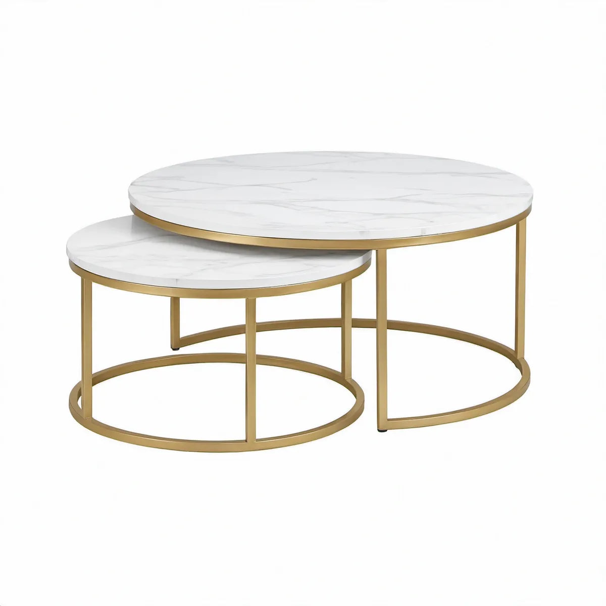 2-teiliges rundes Couchtisch-Set in Weiss mit Marmoroptik und goldfarbenem Stahlgestell, Ø 80 cm und Ø 60 cm