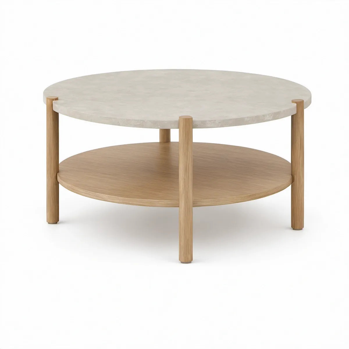 Runder Couchtisch Ø 80 cm, Höhe 45 cm, Sinterstein und Eichenfurnier, Beige/Natur-Eiche