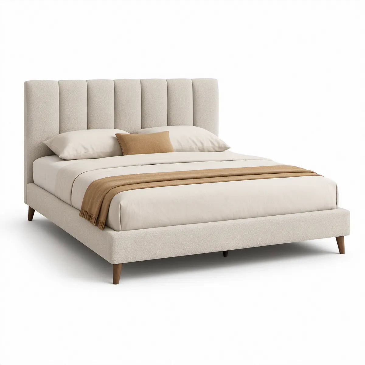 Gepolstertes Bettgestell 160 x 200 cm mit hohem vertikal abgestepptem Kopfteil, Beige