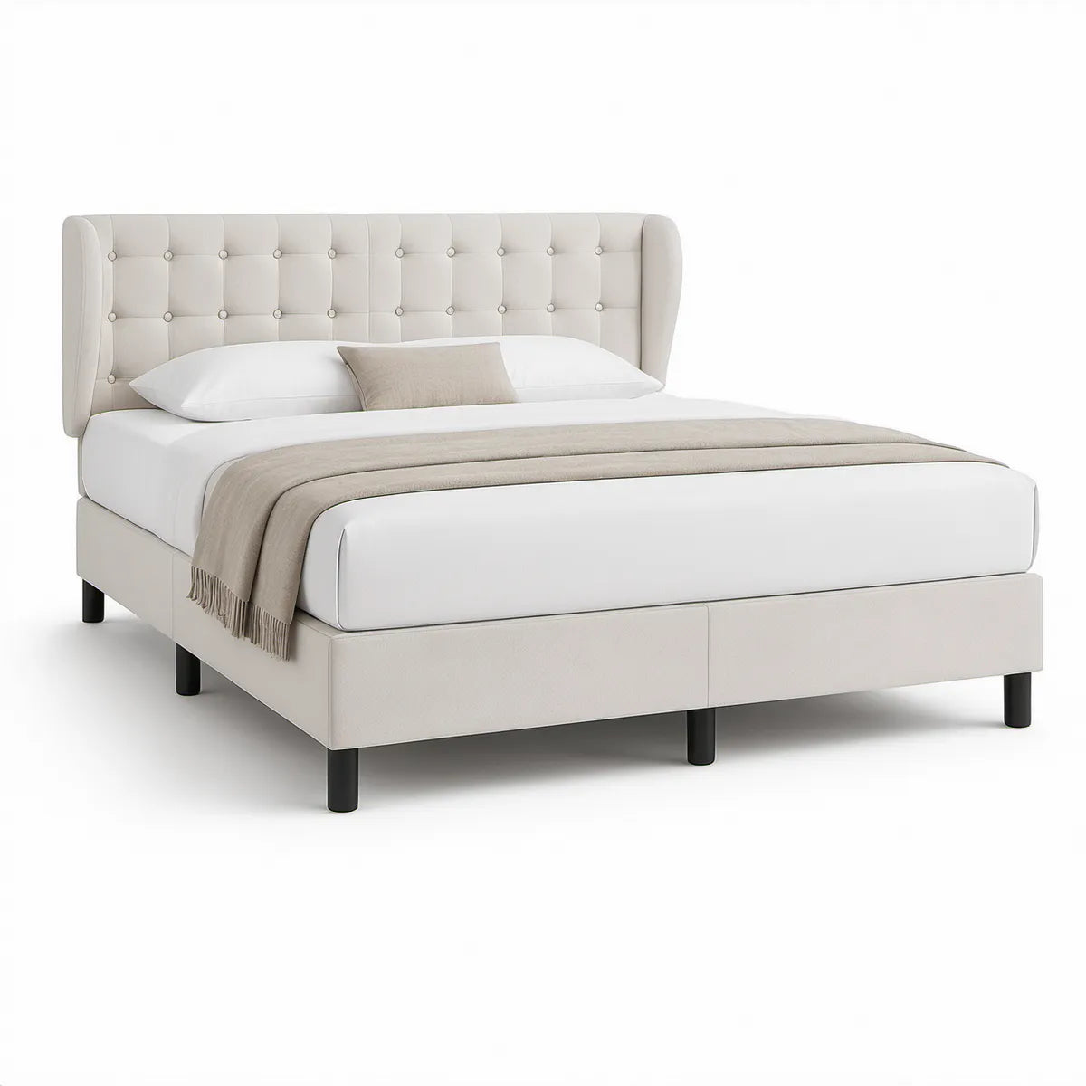 Gepolstertes Doppelbett 180 x 200 cm mit Polyesterbezug in Cremeweiss
