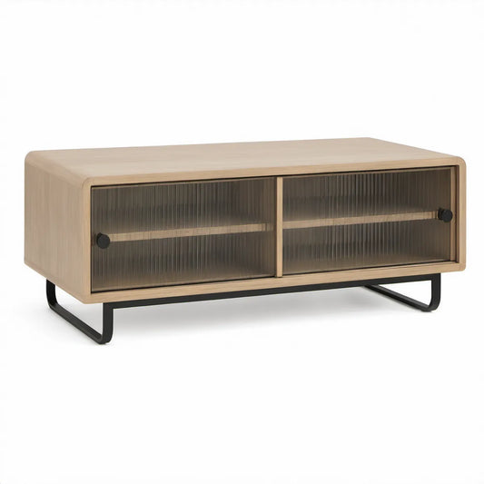 Couchtisch mit Stauraum, 110 x 60 x 45 cm, Eichenfurnier, Rauchglas und Stahlgestell, Natur/Schwarz