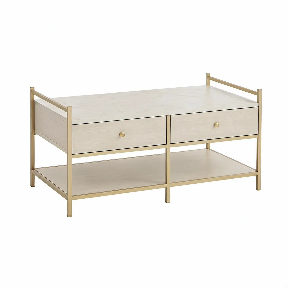 Rechteckiger Couchtisch Weiss/Goldfarben mit 2 Schubladen, 110 x 55 x 45 cm