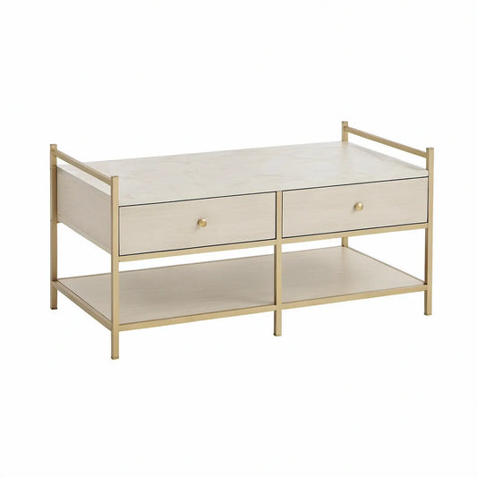 Rechteckiger Couchtisch Weiss/Goldfarben mit 2 Schubladen, 110 x 55 x 45 cm