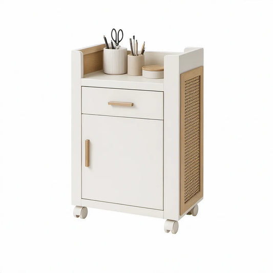 Rollcontainer mit Rattan-Seiteneinsatz, 45 x 35 x 70 cm, Weiss/Natur