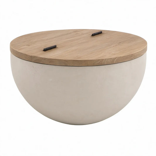 Runder Couchtisch mit Stauraum aus Faserbeton und Eichenholz, Weiss/Naturholz, Ø 80 x 42 cm