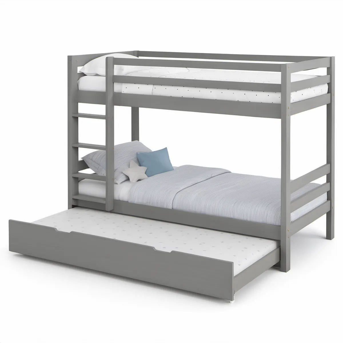 Etagenbett mit Ausziehbett für 3 Matratzen 90 x 200 cm aus Kiefernmassivholz Grau, 209 x 99 x 170 cm