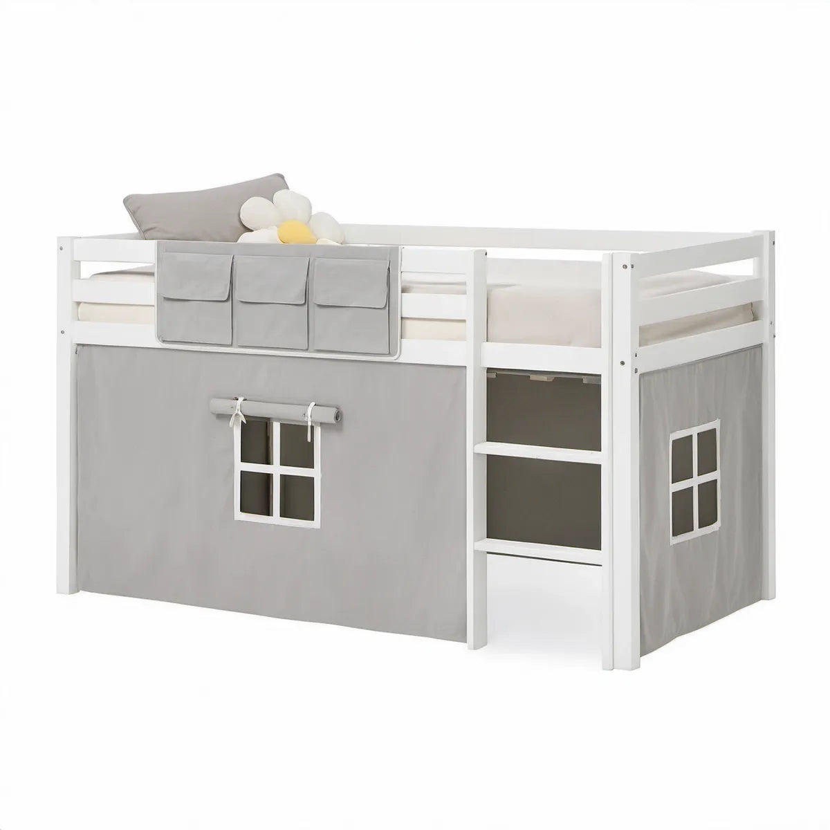Kinderhochbett 90 x 200 cm aus massivem Kiefernholz mit Leiter, Vorhang und Taschen, Weiss/Grau