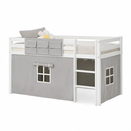 Kinderhochbett 90 x 200 cm aus massivem Kiefernholz mit Leiter, Vorhang und Taschen, Weiss/Grau