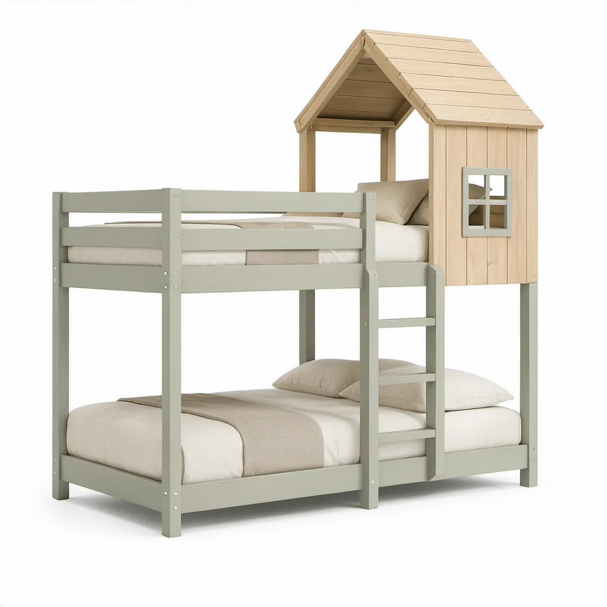 Kinder-Hausbett mit zwei Liegeflächen 90 x 200 cm aus massivem Kiefernholz Grau/Natur
