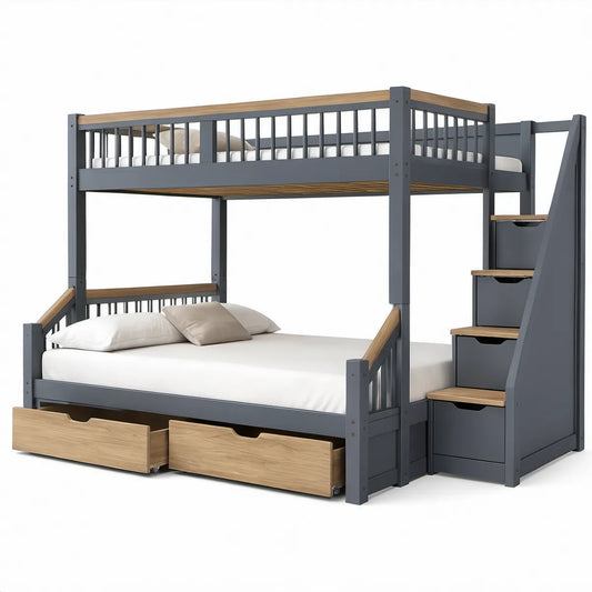 Etagenbett aus Kiefer-Massivholz und MDF mit Treppe, Schubladen, 90 × 200 cm / 140 × 200 cm, Grau/Natur