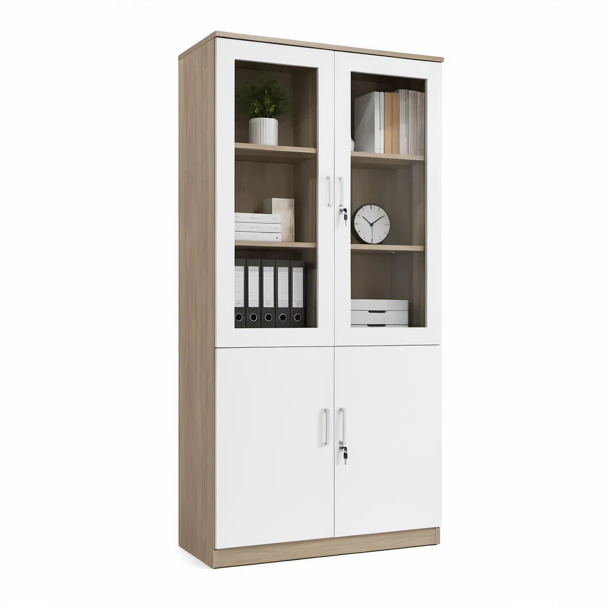 Abschliessbarer Aktenschrank mit Glastüren, 80 x 40 x 180 cm, Weiss/Eiche