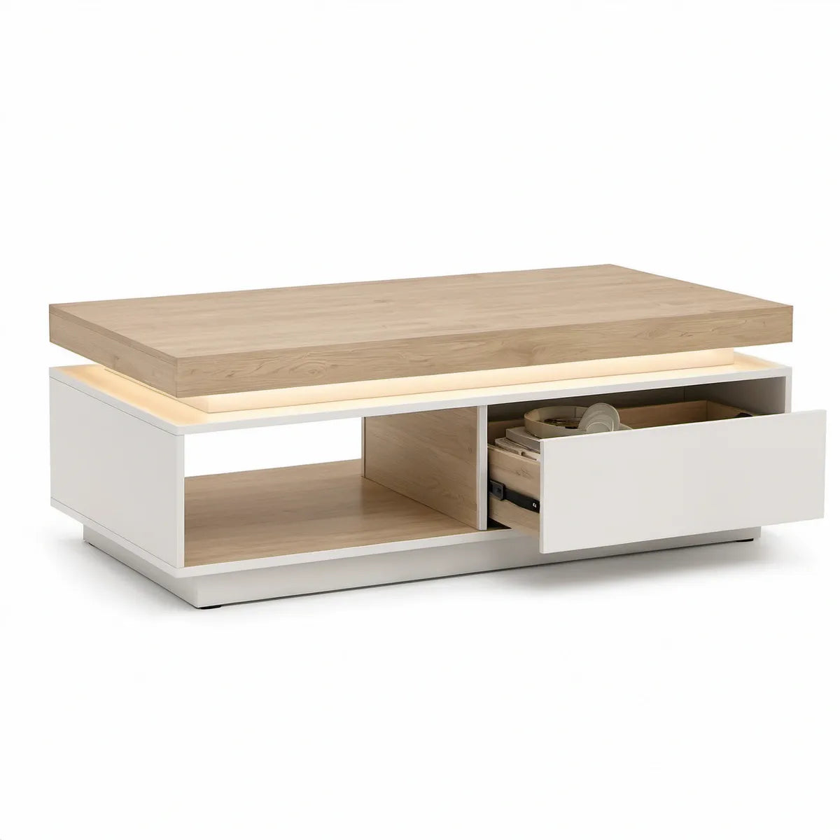 Rechteckiger Couchtisch mit anhebbarer Tischplatte, Schublade und LED-Beleuchtung, Weiss/Eichenoptik Natur, 120 x 60 x 45 cm
