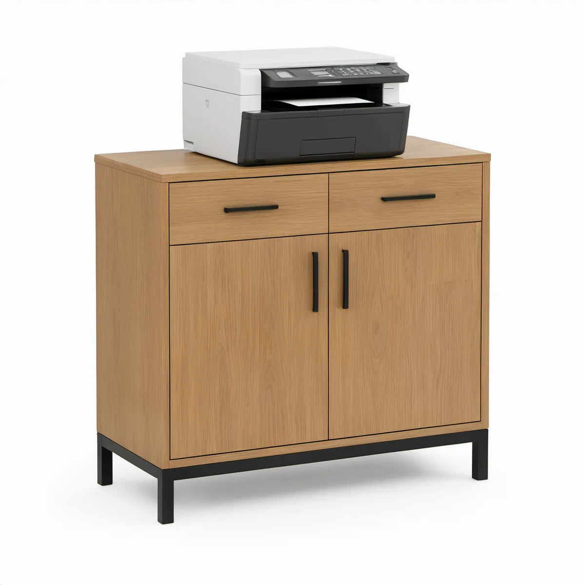 Druckerschrank in Eichenoptik mit 2 Türen, 2 Schubladen und schwarzem Stahlgestell, 80 x 40 x 90 cm