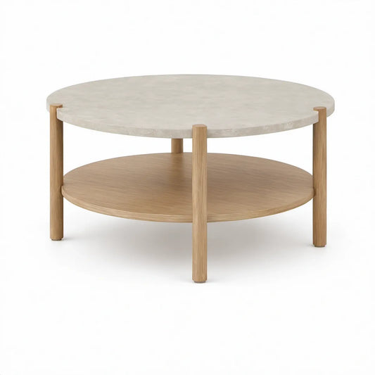 Runder Couchtisch Ø 80 cm, Höhe 45 cm, Sinterstein und Eichenfurnier, Beige/Natur-Eiche