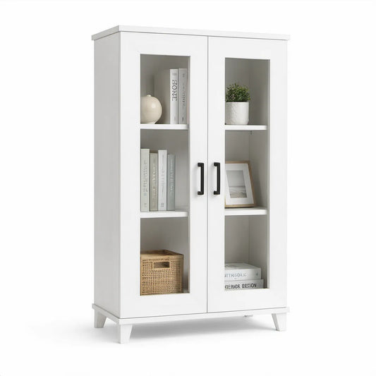 Vitrinenschrank aus Spanplatte mit Glaseinsätzen, Weiss/Schwarz, 80 x 35 x 180 cm