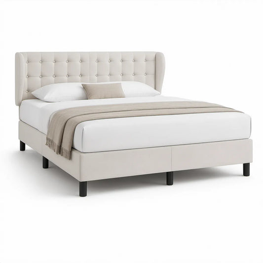 Gepolstertes Doppelbett 180 x 200 cm mit Polyesterbezug in Cremeweiss