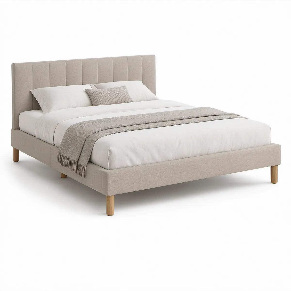 Gepolstertes Doppelbett 160 × 200 cm mit Kopfteil, Beige/Naturholz