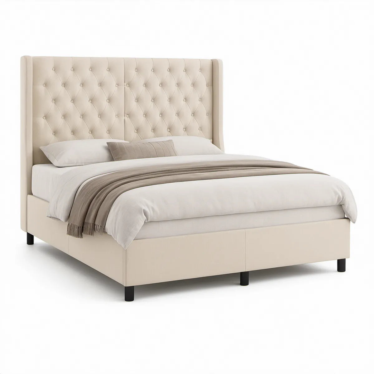 Gepolstertes Doppelbett 180 x 200 cm in Creme mit Chesterfield-Kopfteil