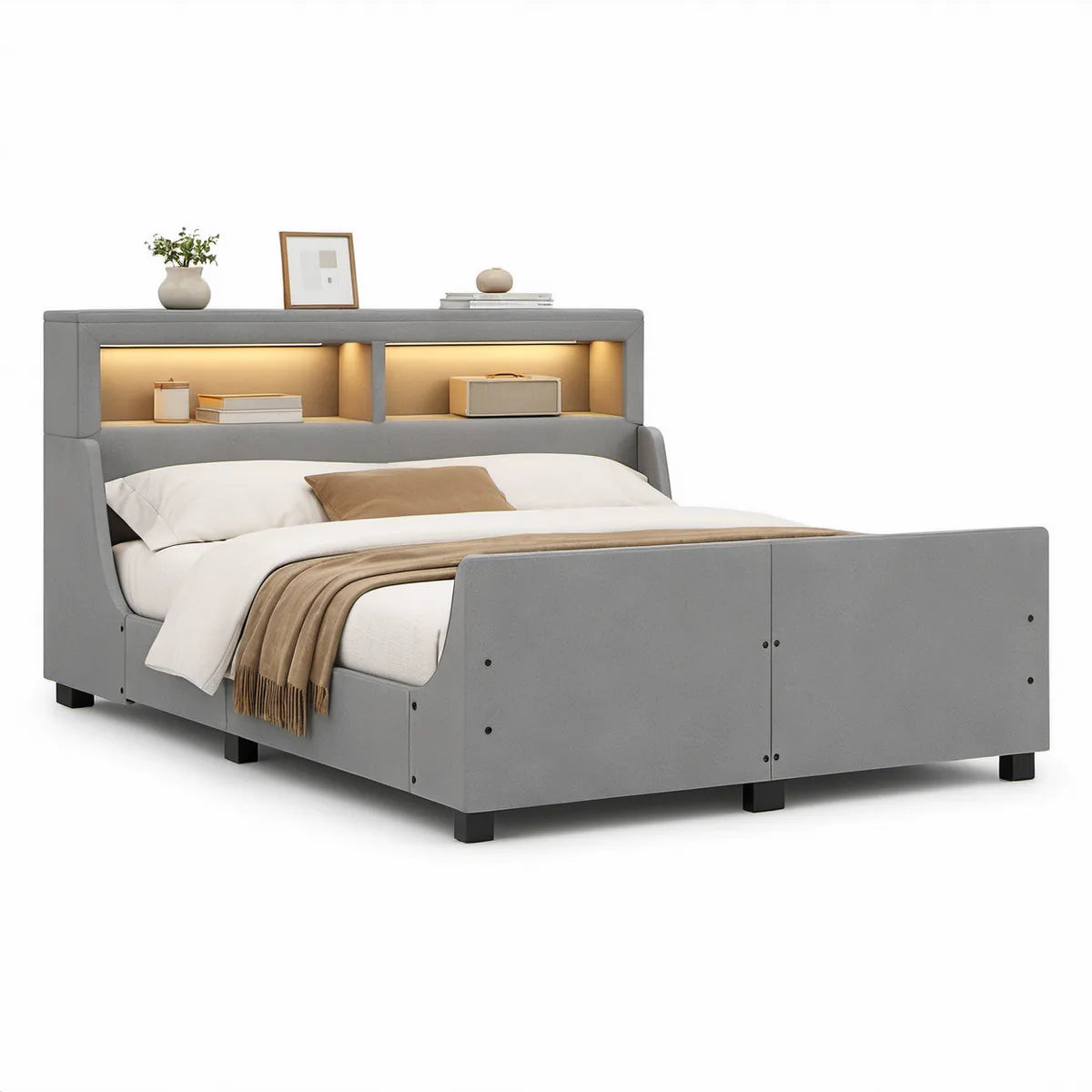 Gepolstertes Bett 160 x 200 cm aus PU-Kunstleder in Grau mit LED-Kopfteil und Ablagefächern