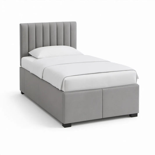 Gepolstertes Einzelbett 90 x 200 cm mit vertikal gestepptem Kopfteil, Grau